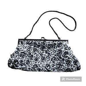 Vintage Lancôme Black and White Floral Sequin Detail Clutch
